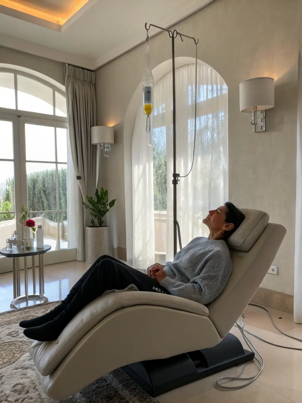 A person receiving an IV drip in a modern, clean wellness clinic, showcasing the relaxing and rejuvenating atmosphere of Suero Wellness's IV therapy sessions.